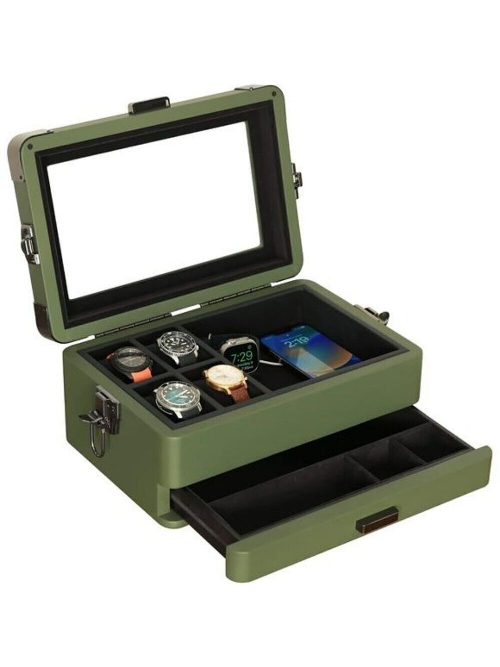 Mens Military Watch Box Organizer 10 Slot Glass Top Apple Watch Storage